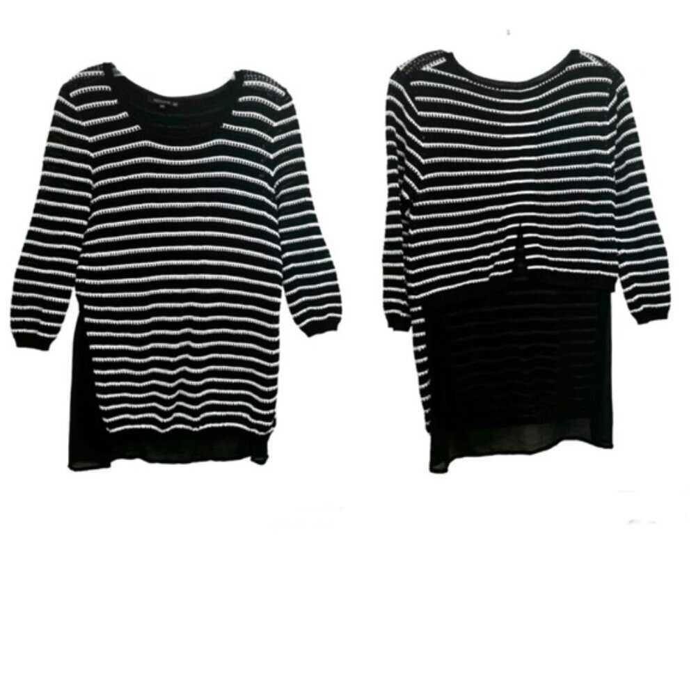 FEMME Open Knit Sheer Back Detail Striped Sweater Crew Lightweight Coastal Top M